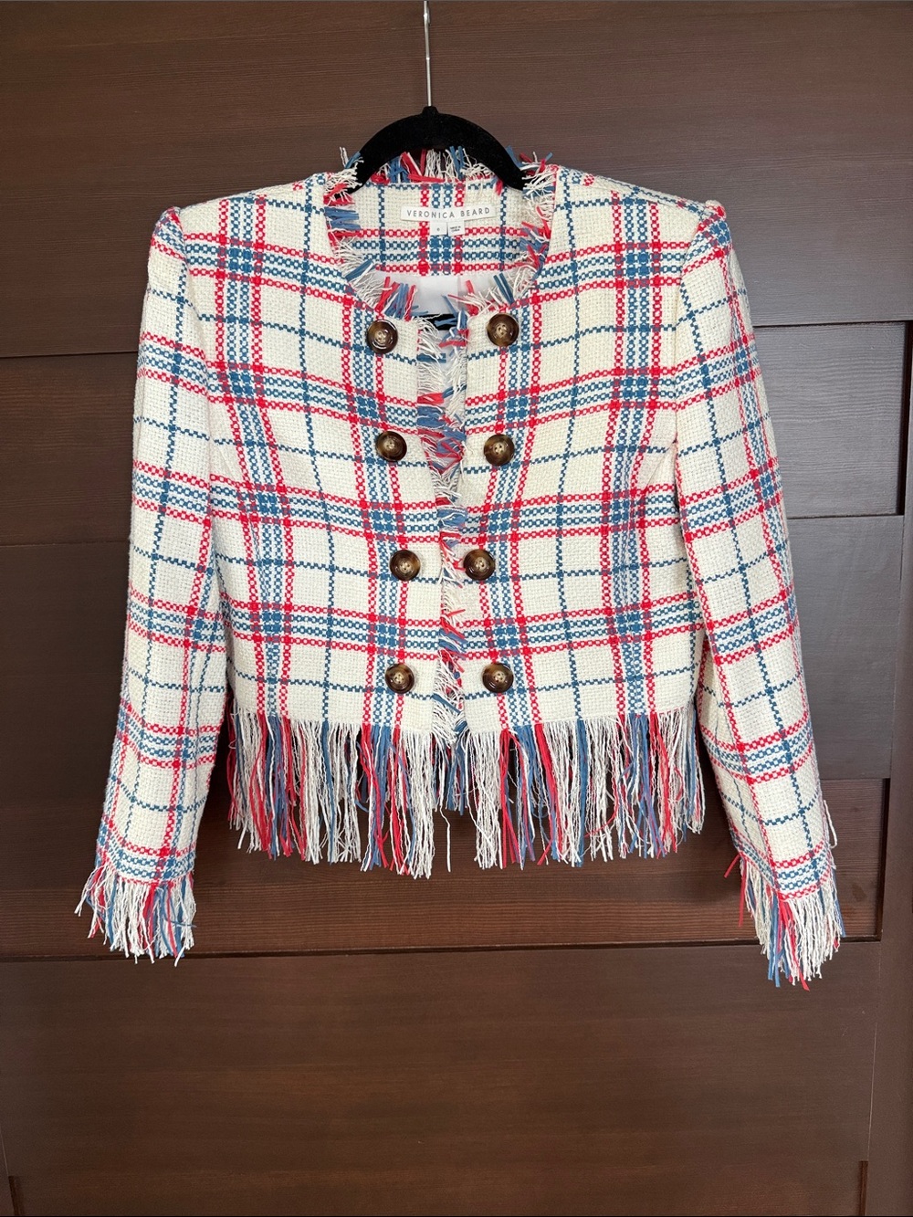 Veronica Beard Marlton White Blue Red Plaid Tweed Fringe Blazer Jacket